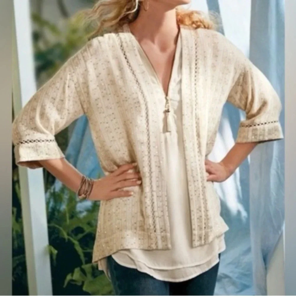 Soft Surroundings‎ Cream Gold Sequined Glamour Topper Kimono. Size Medium. NWT.